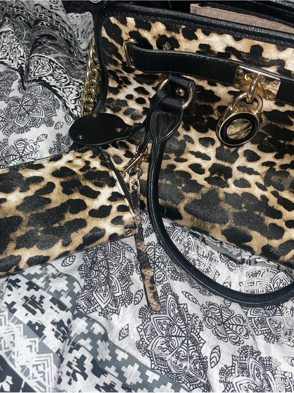Leopard Print Faux Leather Tote Bag with Gold Hardware